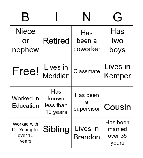 Getting to know Dr. Young Bingo Card