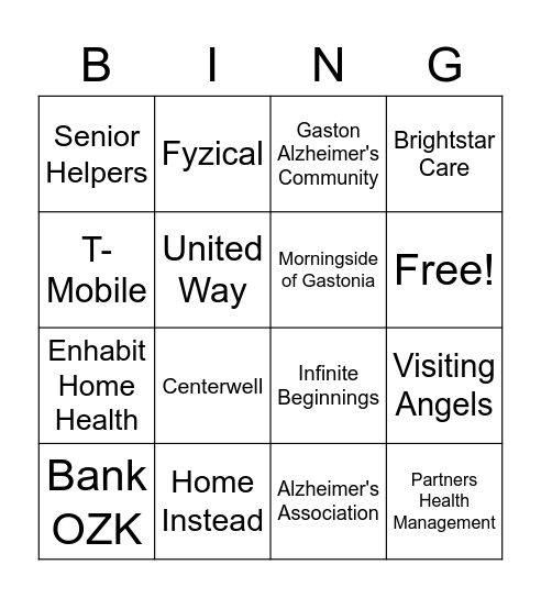 Gaston Caregiver Fair Bingo Card