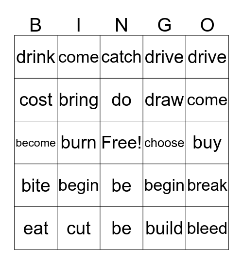irregular verbs bingo Card