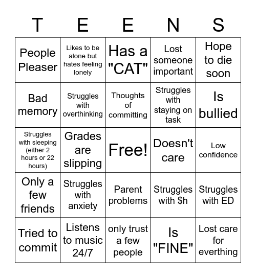 Teenage Bingo Card