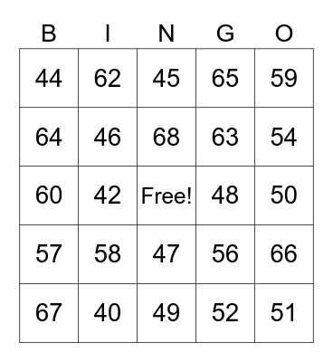 los numeros 40-69 Bingo Card