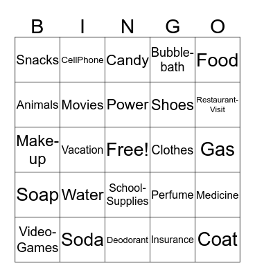 Wants vs. Needs Bingo Card