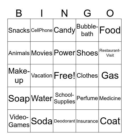 Wants vs. Needs Bingo Card