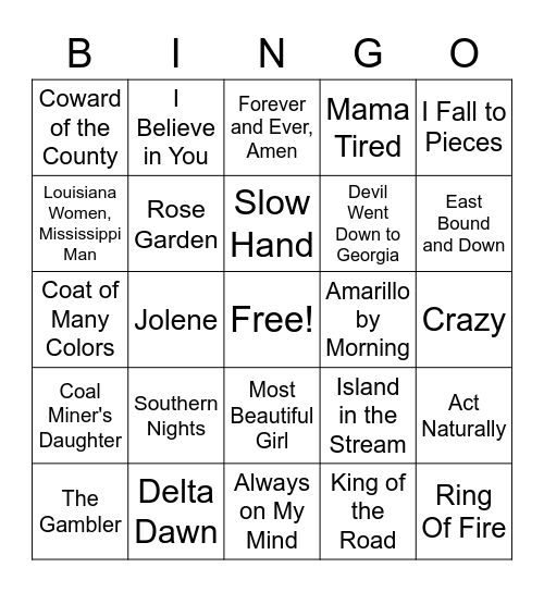 Classic Country 1-50 Bingo Card