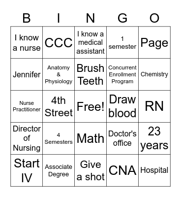 CCC Nursing and Allied Health Bingo Card