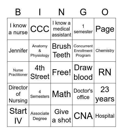 CCC Nursing and Allied Health Bingo Card