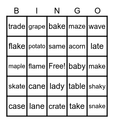 Long A Bingo Card