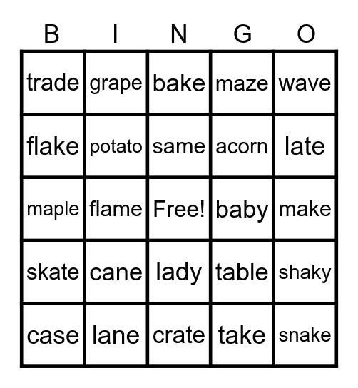 Long A Bingo Card