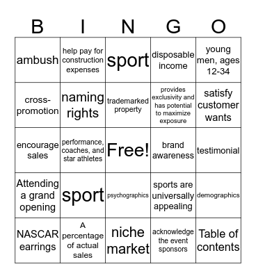 Sports Marketing: 1.06 & 3.01 Bingo Card