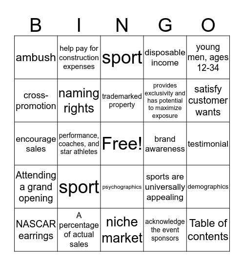 Sports Marketing: 1.06 & 3.01 Bingo Card