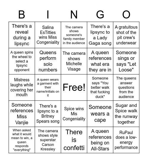 Season 15 Finale Bingo Card