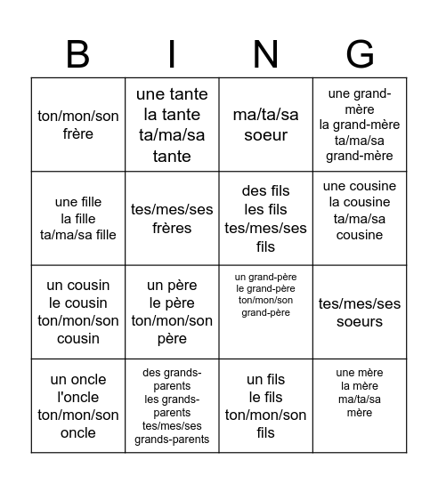 Famille BING Bingo Card