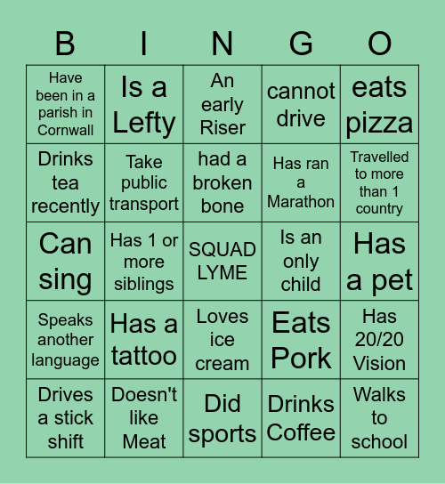 Squad Lyme Bingo Card
