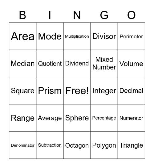 Math Bingo Card