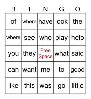 Kinder sight Words Bingo Card