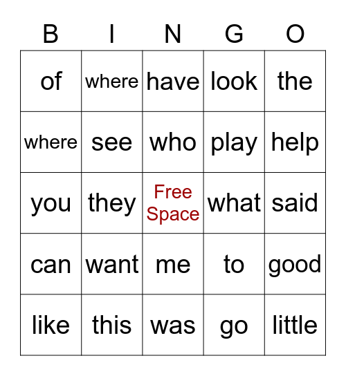 Kinder sight Words Bingo Card