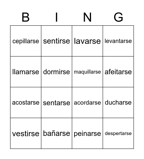 Reflexive Verbs Bingo Card