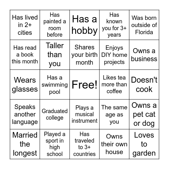 HOUSEWARMING- find the guest! Bingo Card