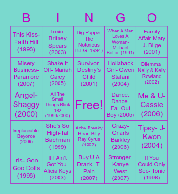 90's-00's Music Bingo Card