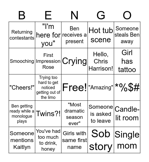 Season 20 Bachelor Bengo Bingo Card