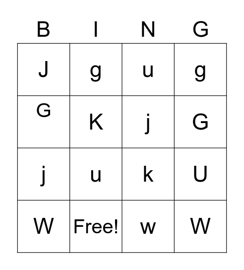 U, J, G, K, W Bingo Card