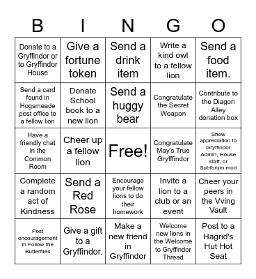 Gryffindor Kindness Tasks Bingo Card