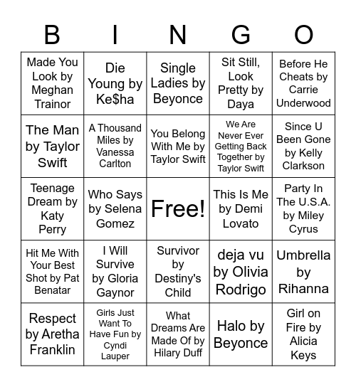 Girl Power Songs Bingo Card