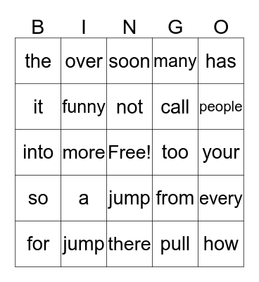 Sight Word Bingo Card