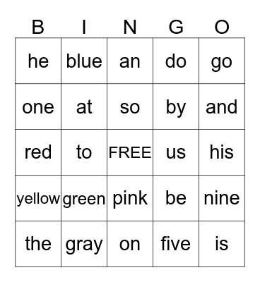 Sight Words 1-3 Bingo Card