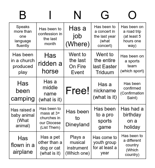 Youth Group Bingo Card