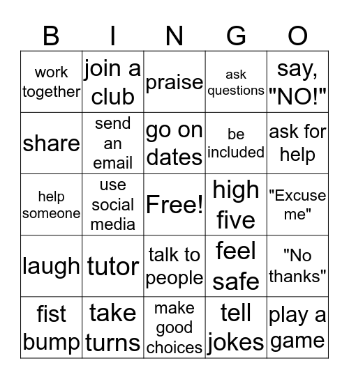 No Bullying BINGO Card