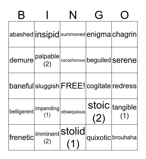 Spitball in the Eye Vocab Review Bingo Card