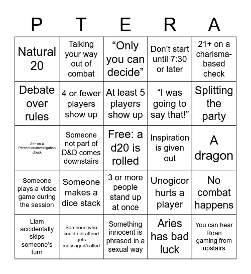 D&D Bingo April 14th Bingo Card