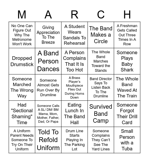 Marching Band Bingo Card