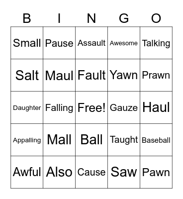 "AW" Words Bingo! Bingo Card