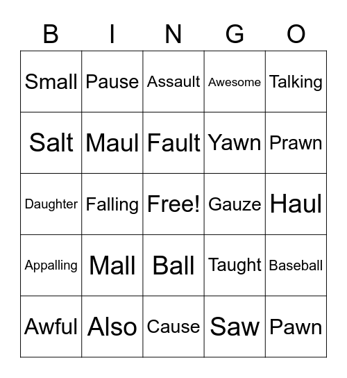 "AW" Words Bingo! Bingo Card