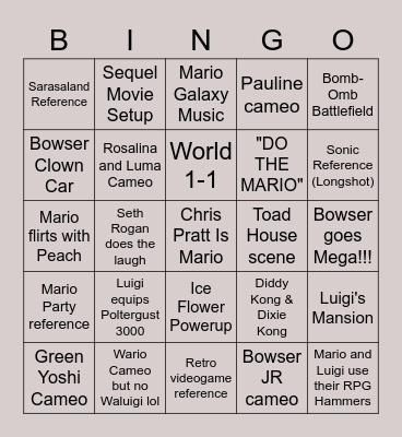 Super Real Mario Movie Bingo Card