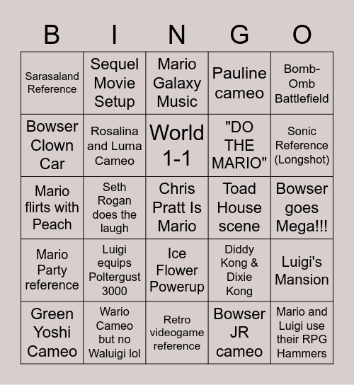 Super Real Mario Movie Bingo Card