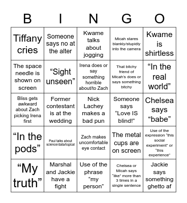 Love is Blind Bingo Card