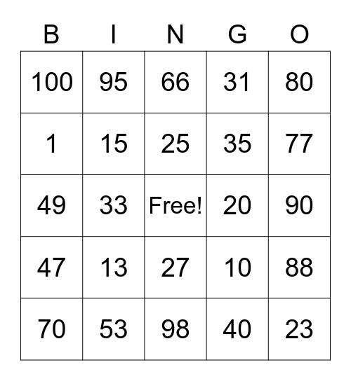 Numbers fun bingo Card