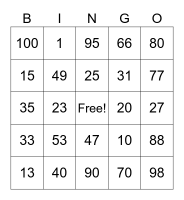Numbers fun bingo Card
