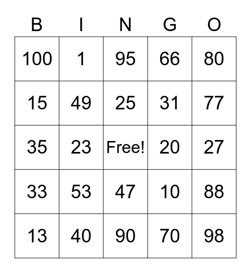 Numbers fun bingo Card