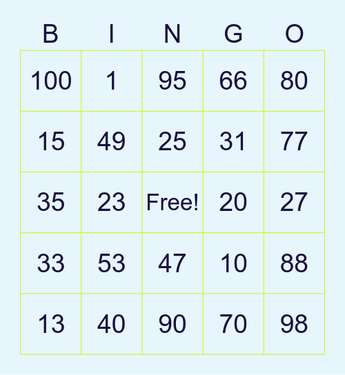 Numbers fun bingo Card