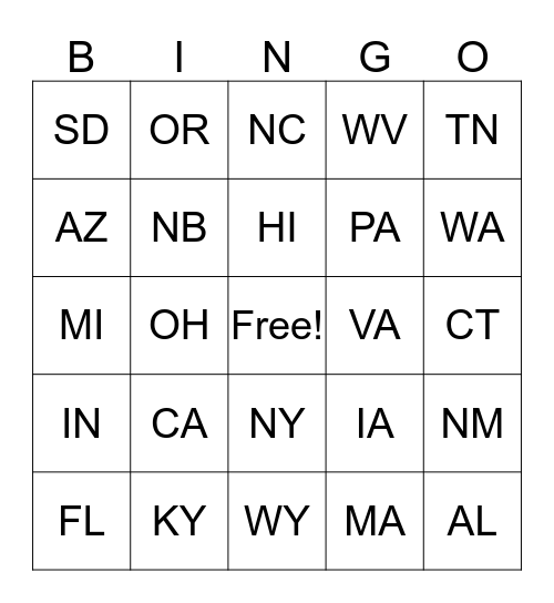 STATE ABBREVIATIONS Bingo Card