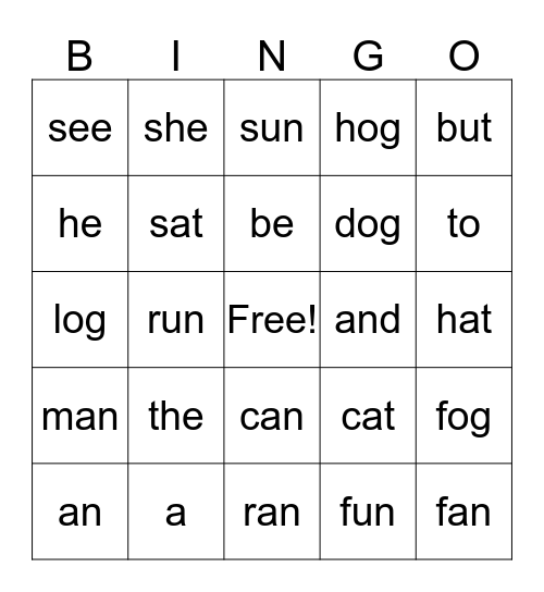 Sight Word Bingo Card