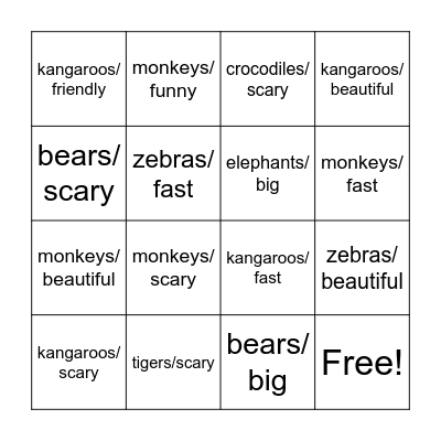 Animals and Adjectives Bingo Card