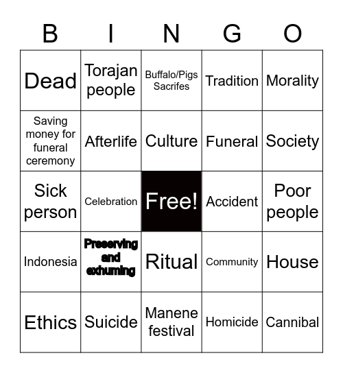 The land of Dead Bingo Card