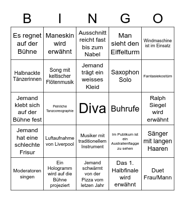 Eurovision Bingo Card