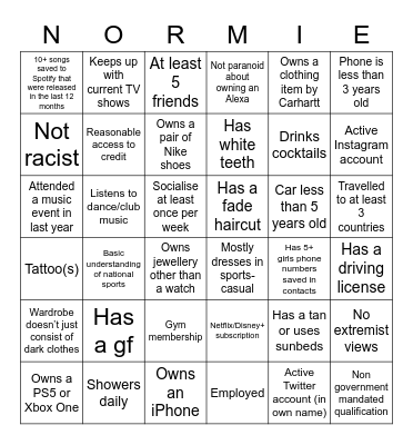 NORMIE BINGO Card