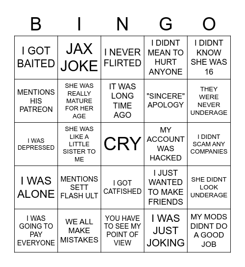 COOKIELOL APOLOGY STREAM Bingo Card